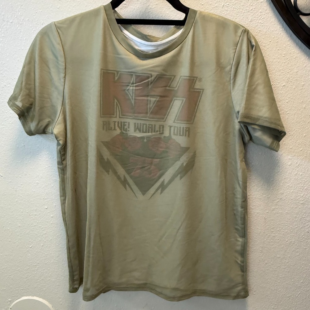 KISS Alive World Tour 1975 Mesh Overlay Double Layer Tee  Green M‎ Band Shirt